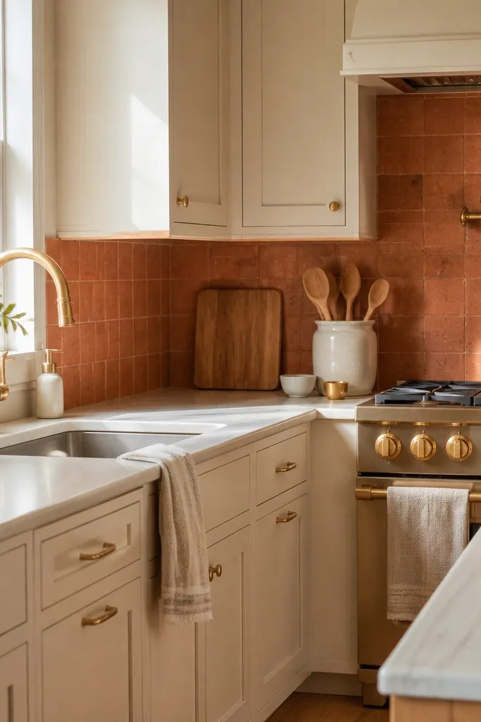 Cream cabinets with terracotta backsplash, brass faucet, and warm dining nearby