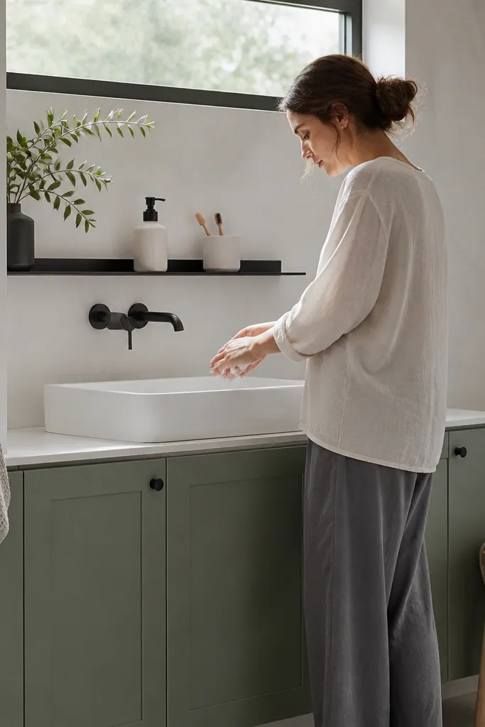 Matte sage cabinets with a white counter and a slim black shelf above the sink
