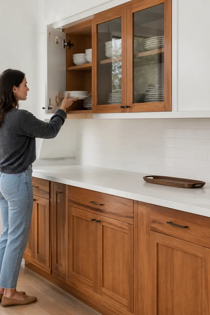 Teak cabinets with white upper doors and glass-front sections above counters