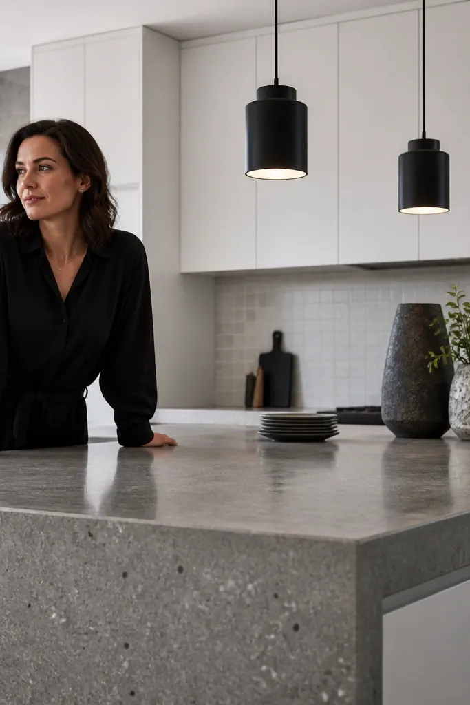 White cabinets with gray concrete-look counter and black pendant lights over a breakfast spot