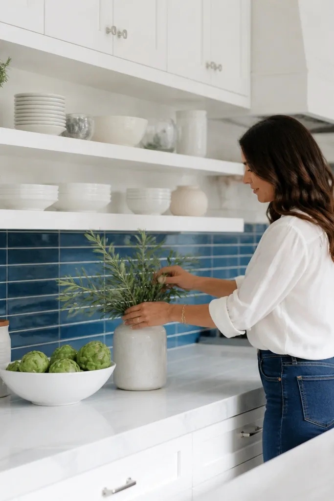 All-white kitchen with a blue accent tile strip and stacked cabinets with open sections