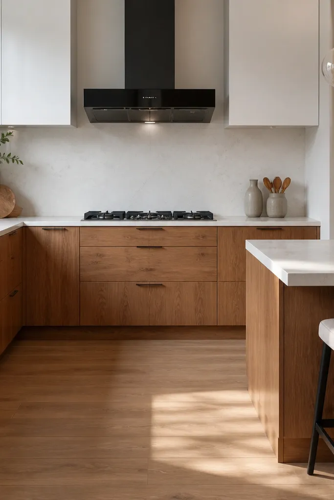Two-tone kitchen with black frame glass hood and a matching dining bar with stools