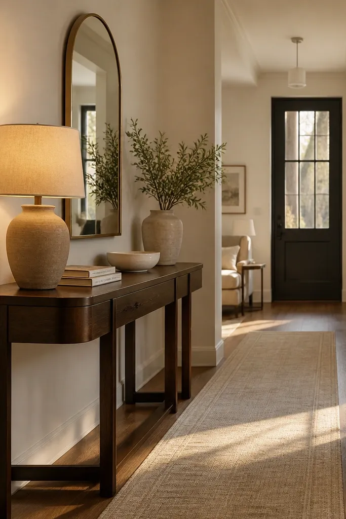 Walnut console, cream linen runner, and an arched mirror above it