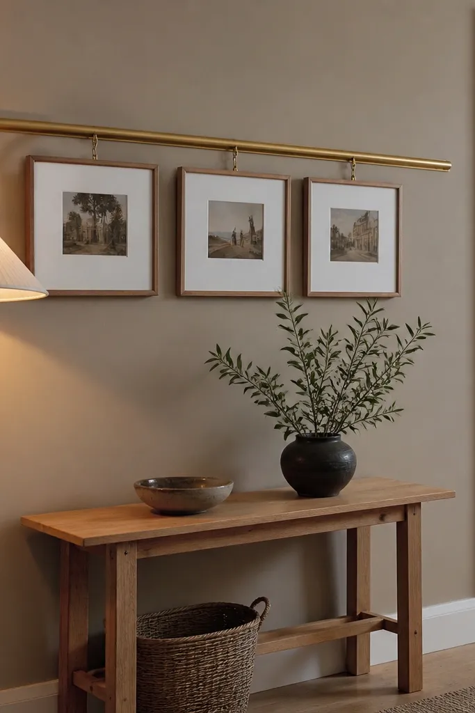 Warm greige entry wall with a gallery rail and framed art
