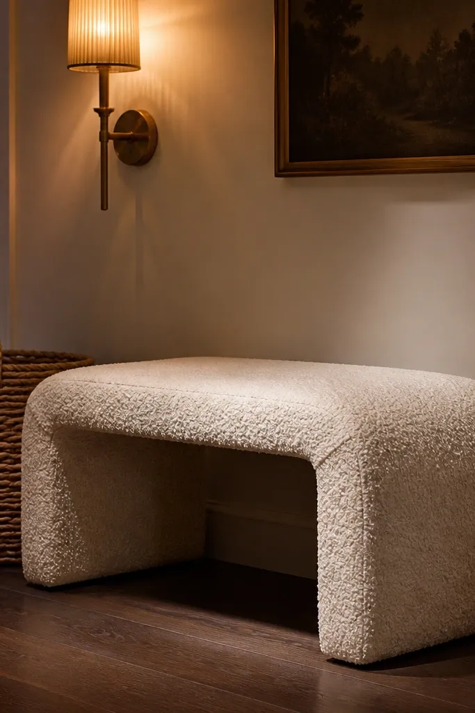 Boucle bench, braided basket, and brass wall sconce in a warm entry