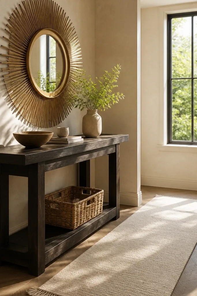 Black console with a white runner and a sunburst mirror above