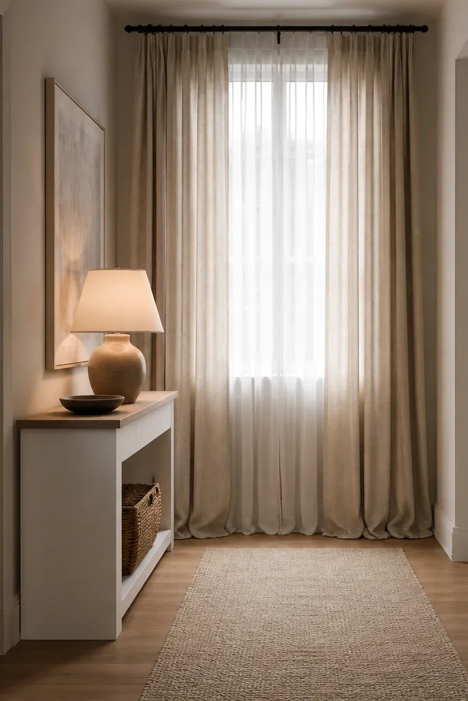 Linen-look curtains framing a window with a console below and soft decor
