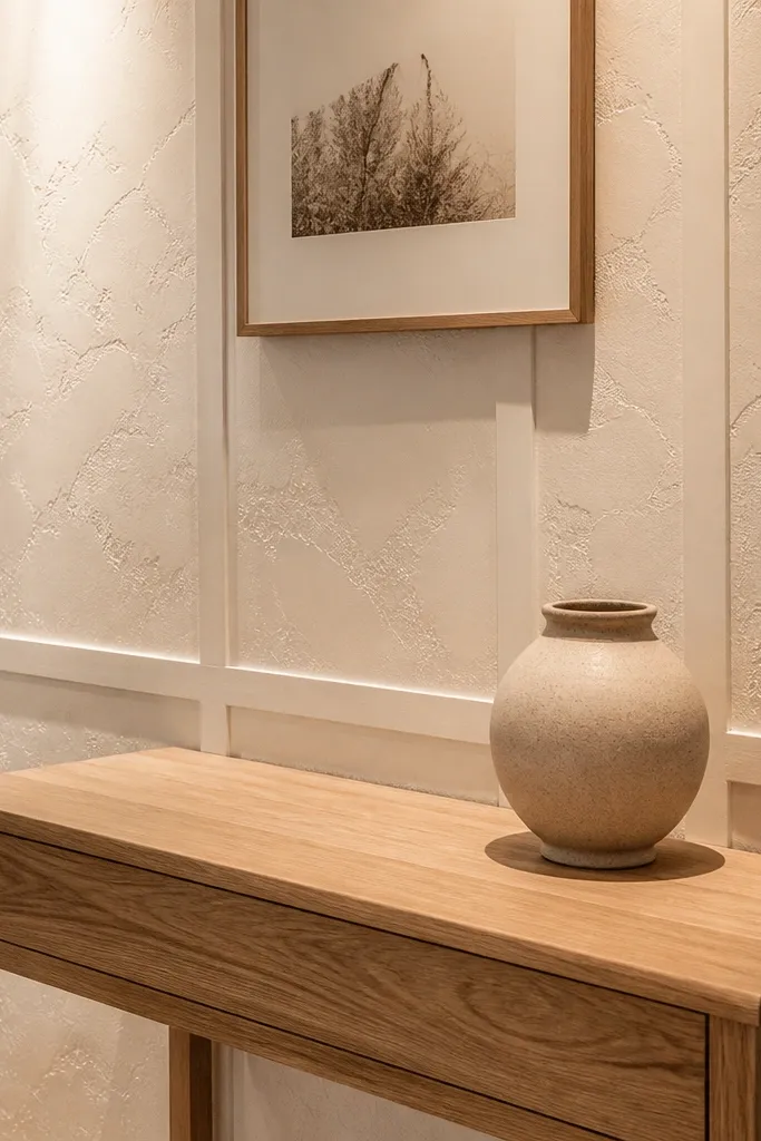 Plaster-look wall panels with a slim console and warm decor