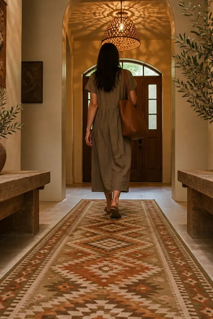 Patterned runner, solid wood bench, and woven pendant above the entry