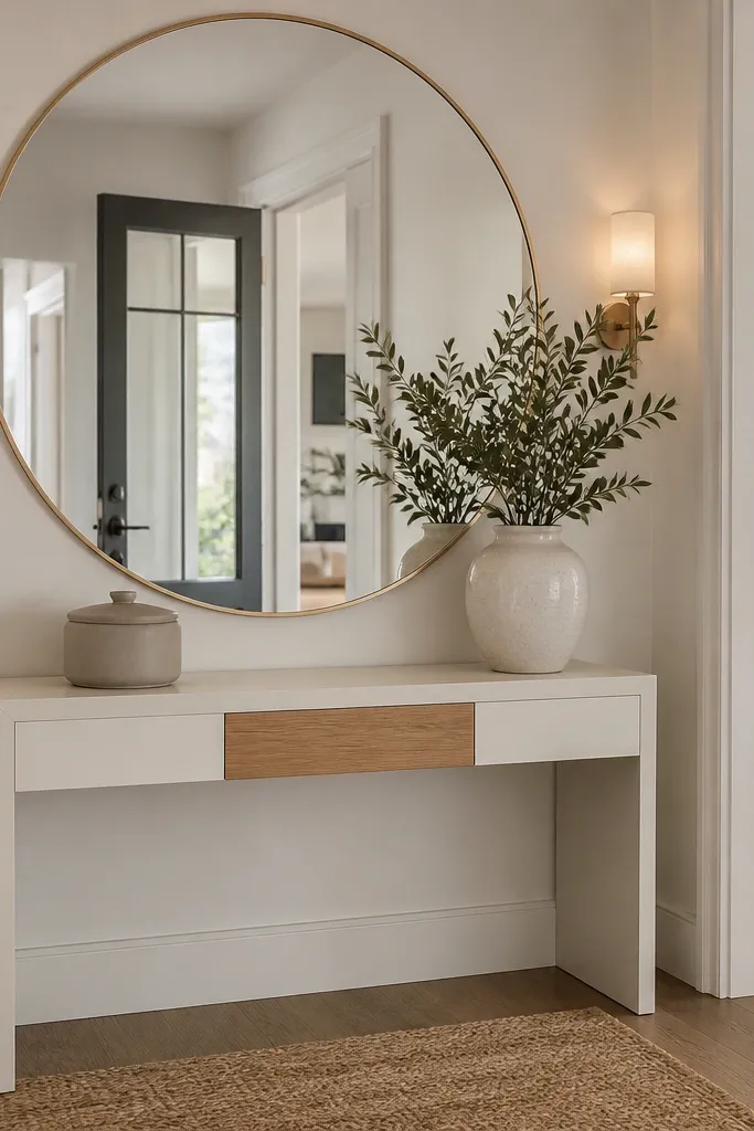 Large round mirror above a monochrome console with minimal warm decor