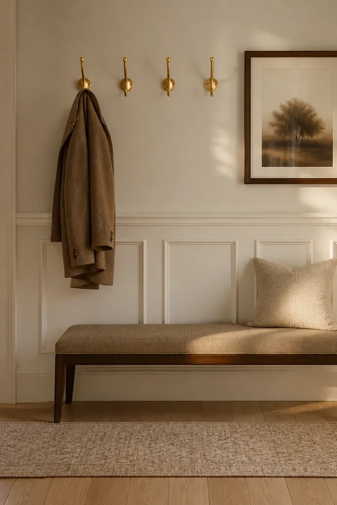Warm white wainscoting wall with brass hooks and framed art