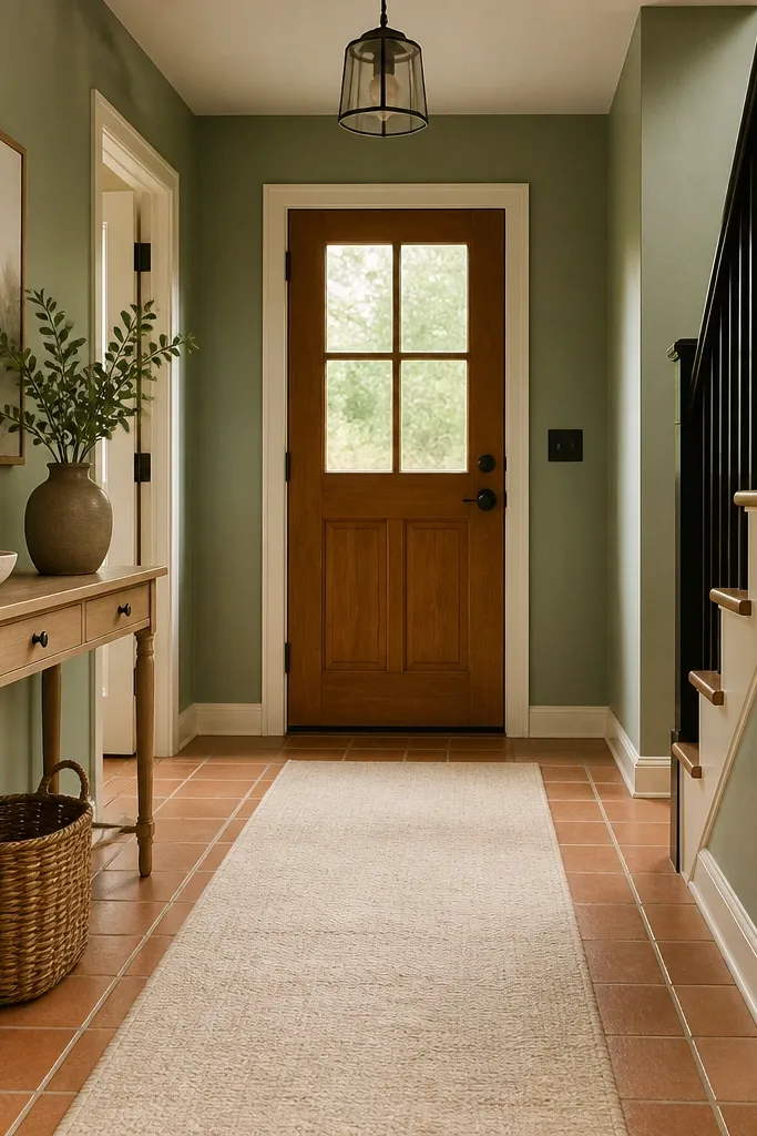 Sage-green entry wall with light runner and terracotta-toned accents