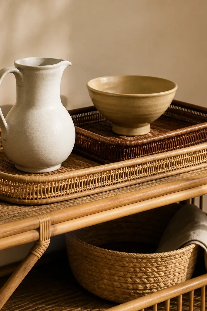 Rattan console shelf with layered trays and warm ceramic decor