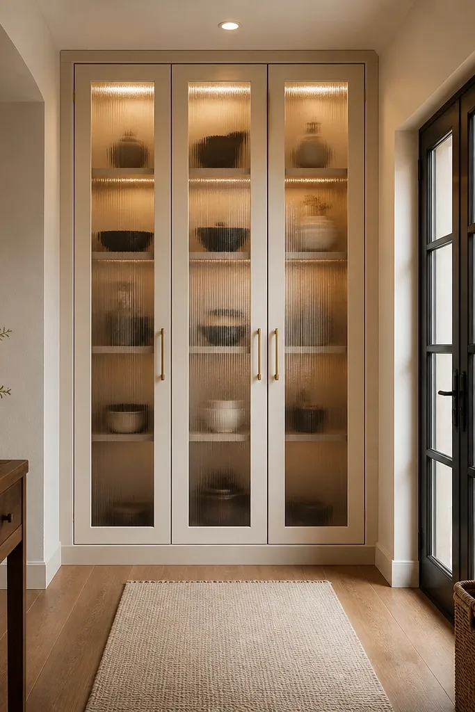 Tall cabinet with frosted glass doors and a soft runner in the entry