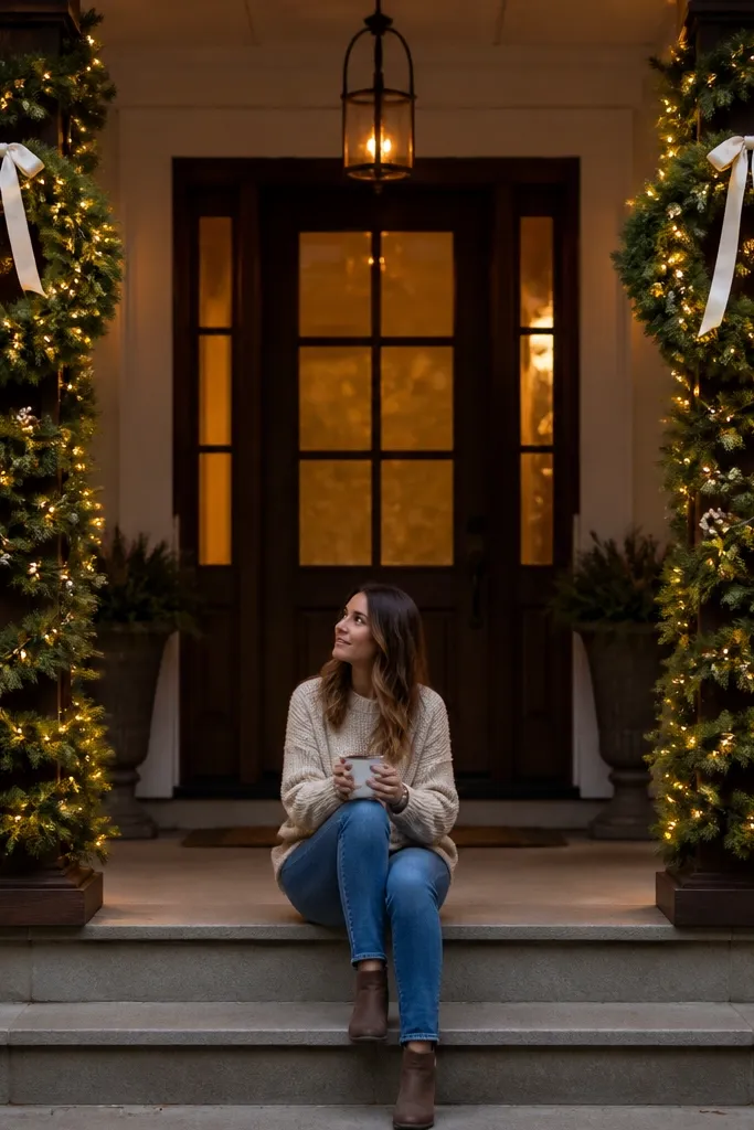 Two porch columns wrapped with faux pine and white ribbon, lit with warm lights
