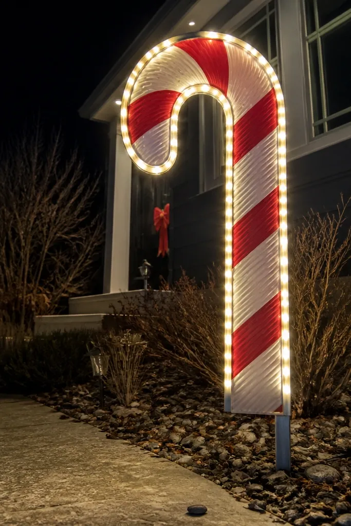 White and red candy cane yard stakes in a line along a garden bed