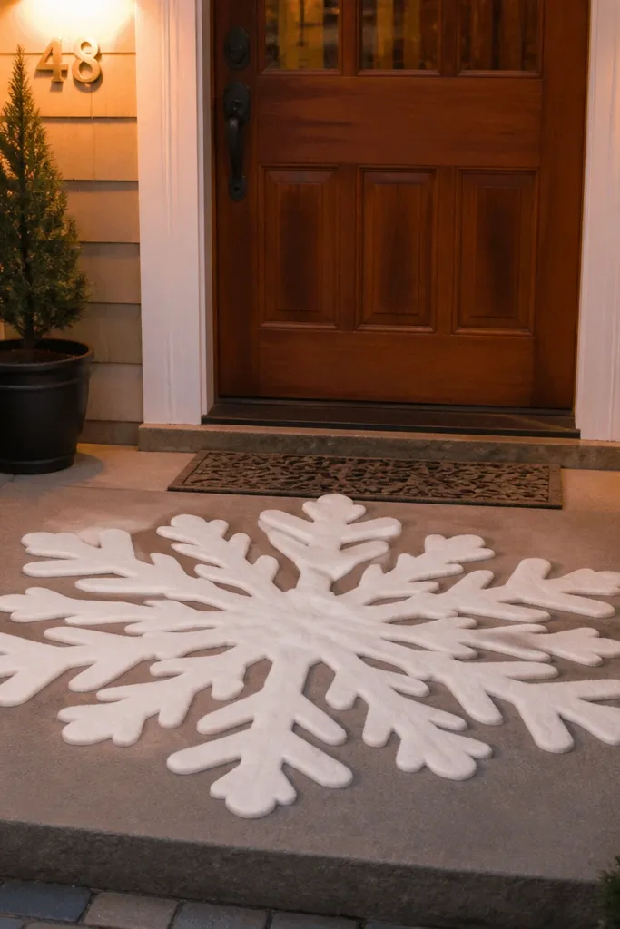 Large white snowflake decoration placed beside a front door