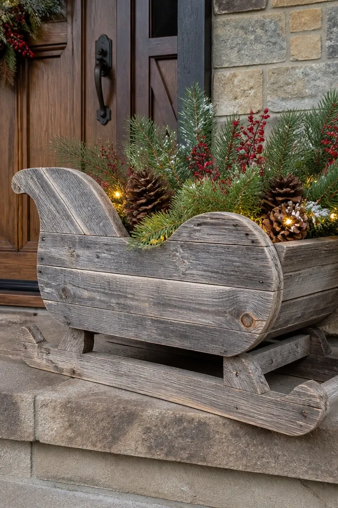 A pallet-style sleigh planter with evergreen plants and red accents near the porch