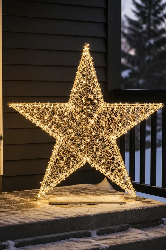A large five-point star frame covered in warm twinkle lights on the lawn