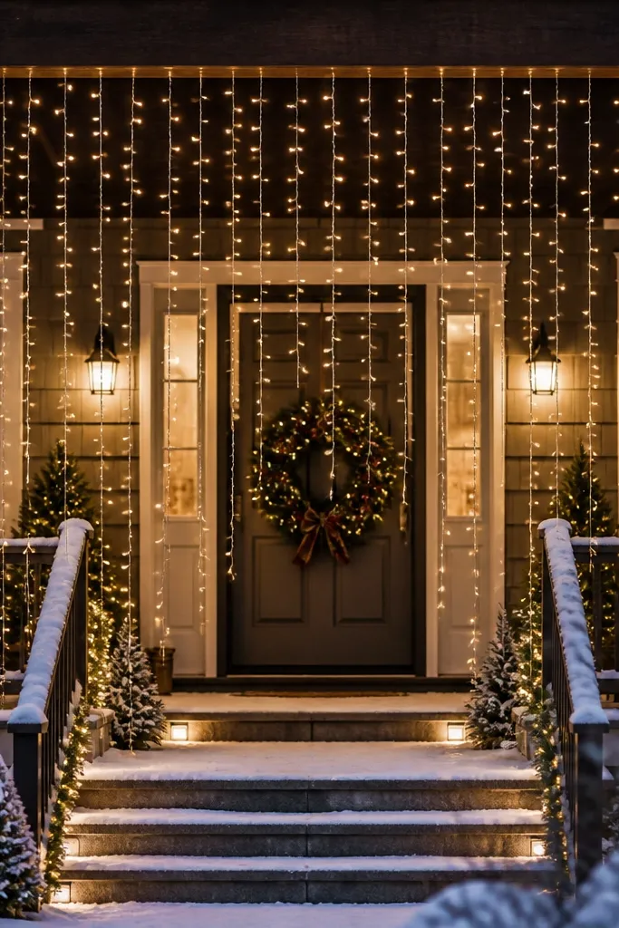 Warm white icicle lights hanging from a porch roof edge