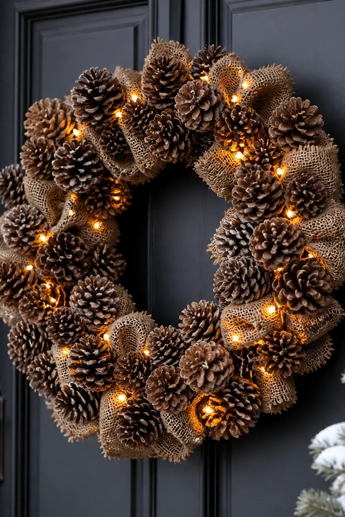 Large burlap wreath packed with pinecones and warm lights on a front door