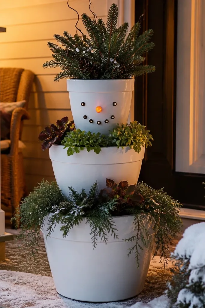 Three stacked pots arranged as a snowman with a lit face near the walkway