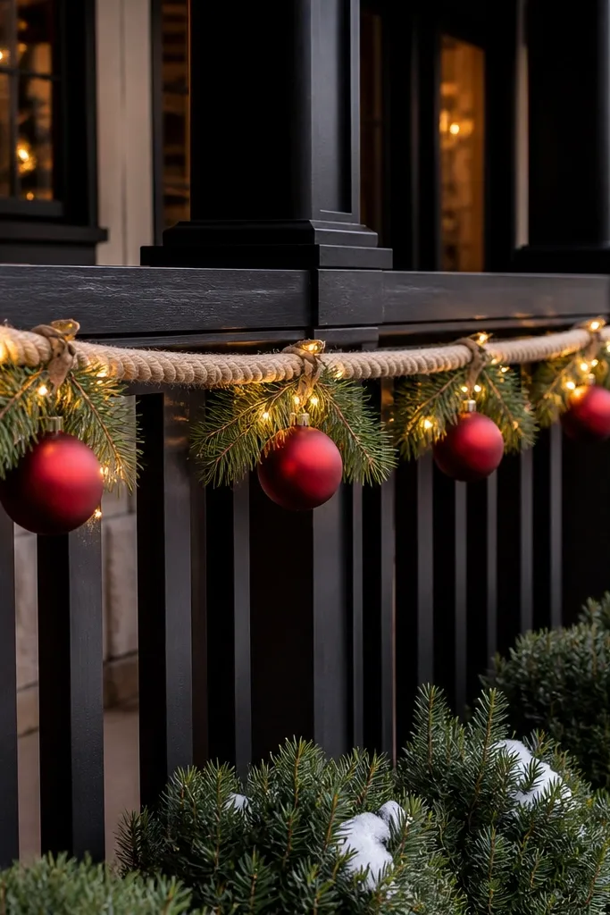 A rope garland draped across a patio with red ornaments and pine sprigs