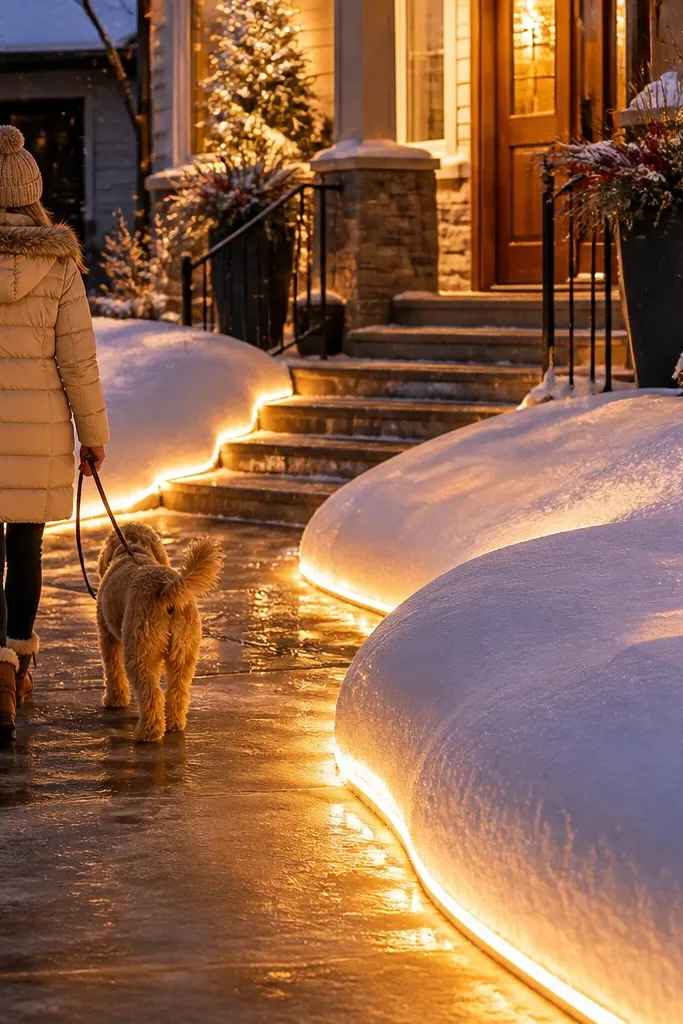 A white faux snow drift made from boards along a walkway with warm edge lights