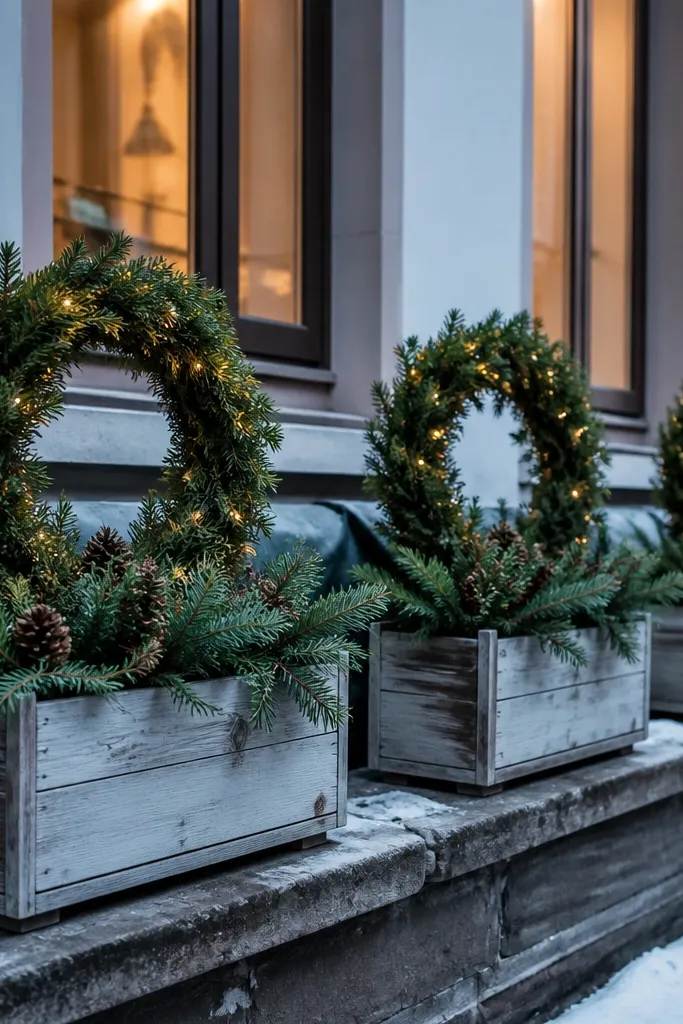 Mini wreath-shaped planters filled with evergreen in front of windows