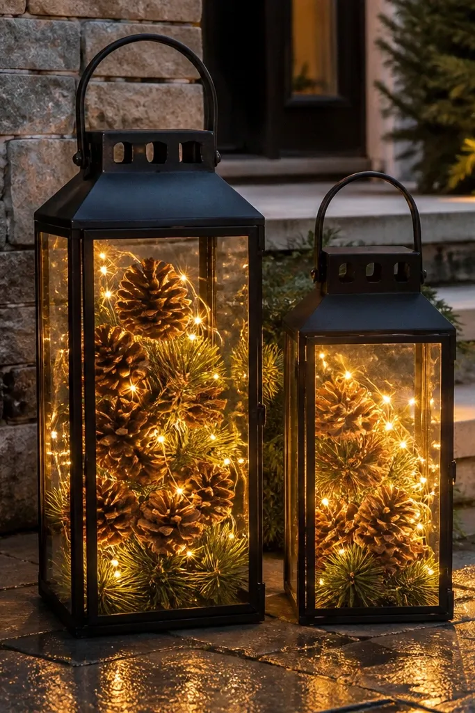 Black lanterns filled with pinecones and warm lights on porch steps