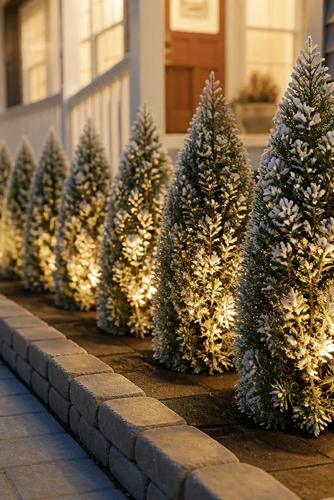 A row of small bottle brush trees with faux snow in a trench planter