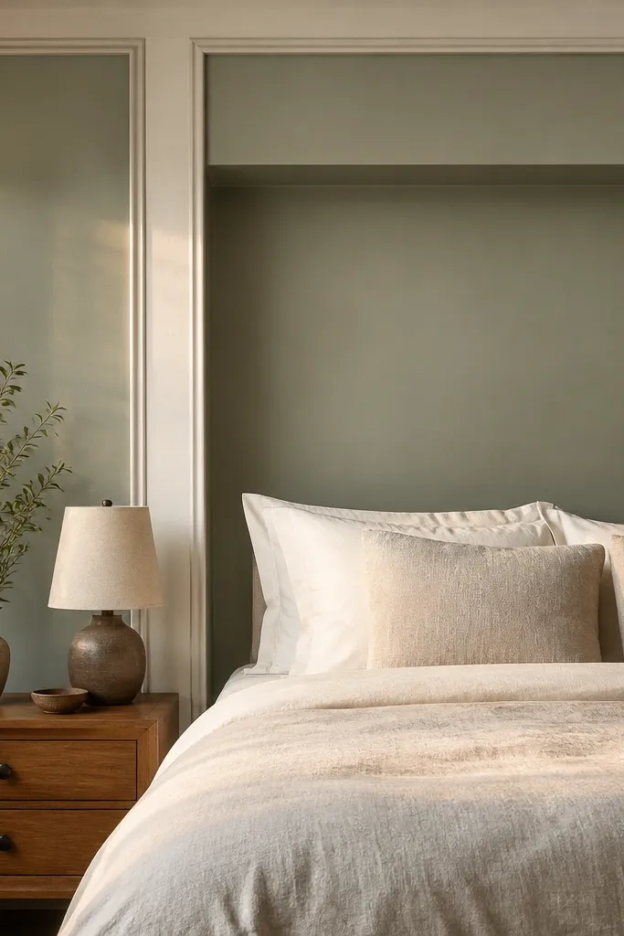 Soft sage green wall behind bed with creamy white trim and light linen bedding