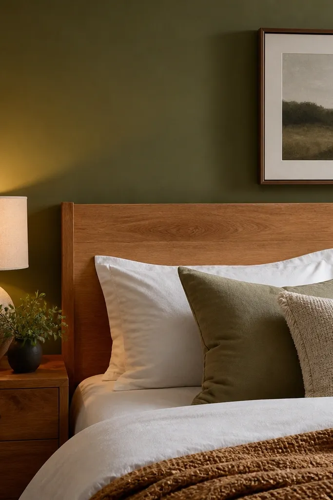 Olive green wall with warm oak headboard and beige linen bedding