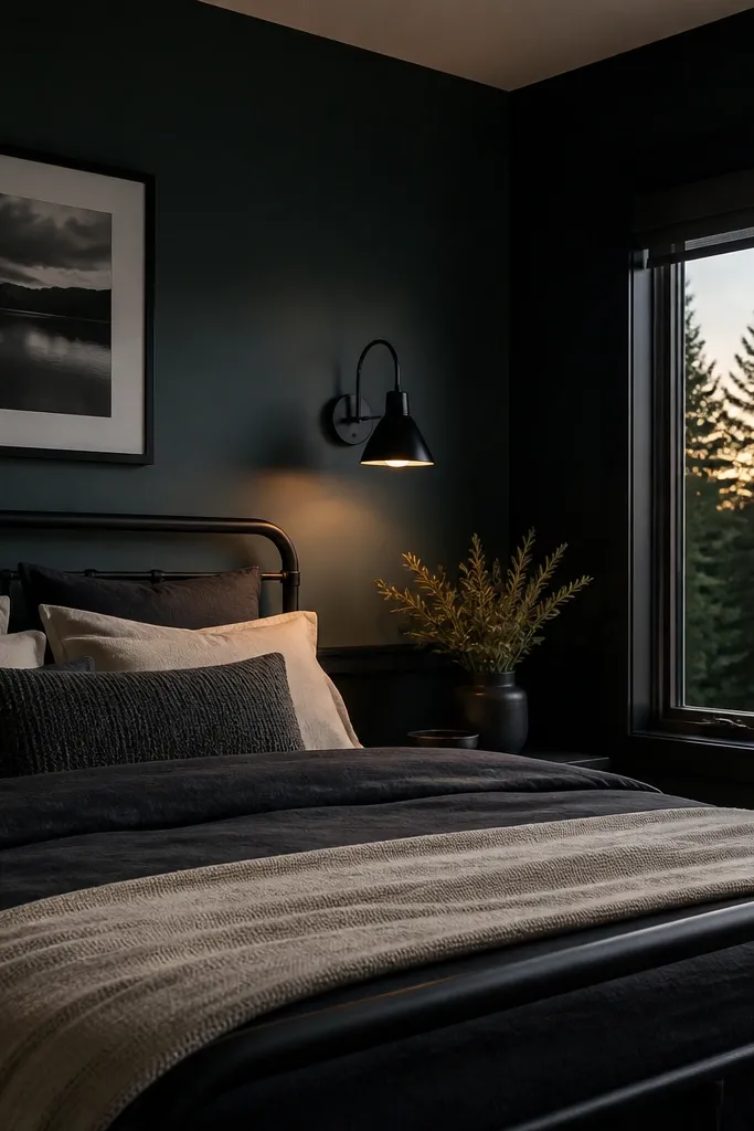 Deep forest green accent wall with black metal bed frame and dark wood nightstand