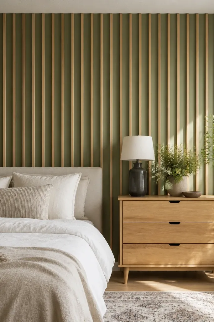 Muted green painted slat wall with light wood tones and linen bedding