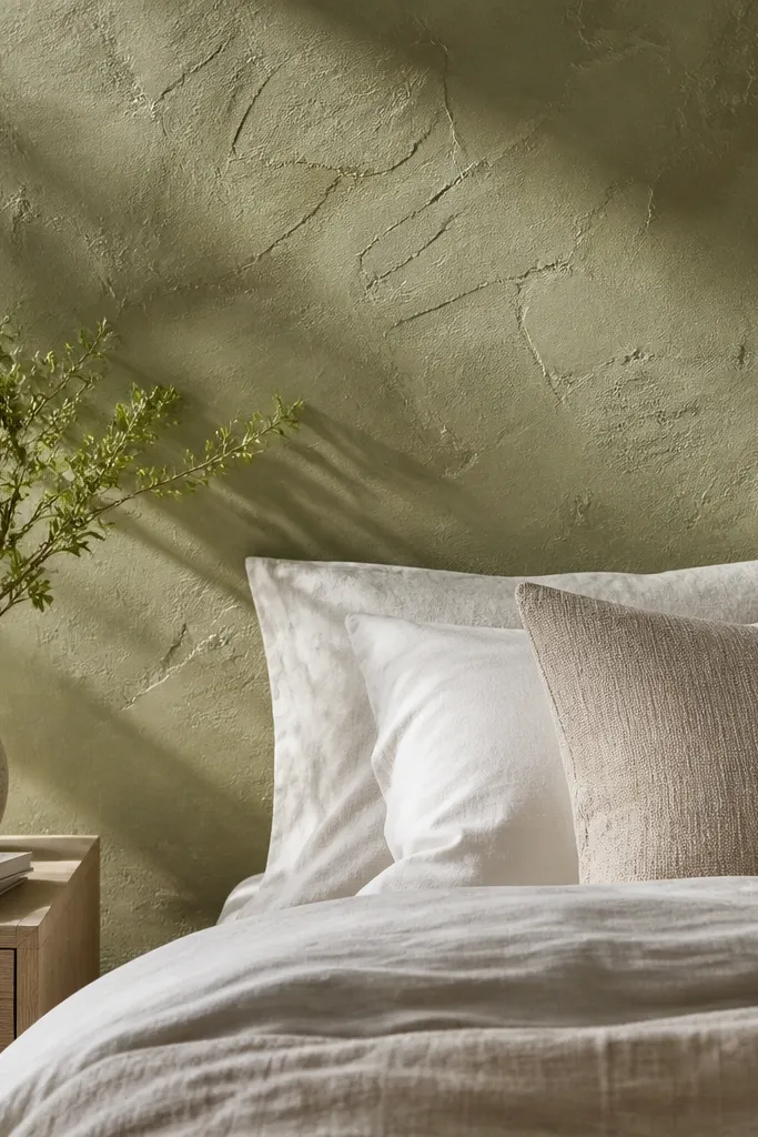Plaster-textured green accent wall with soft warm bedding and neutral decor