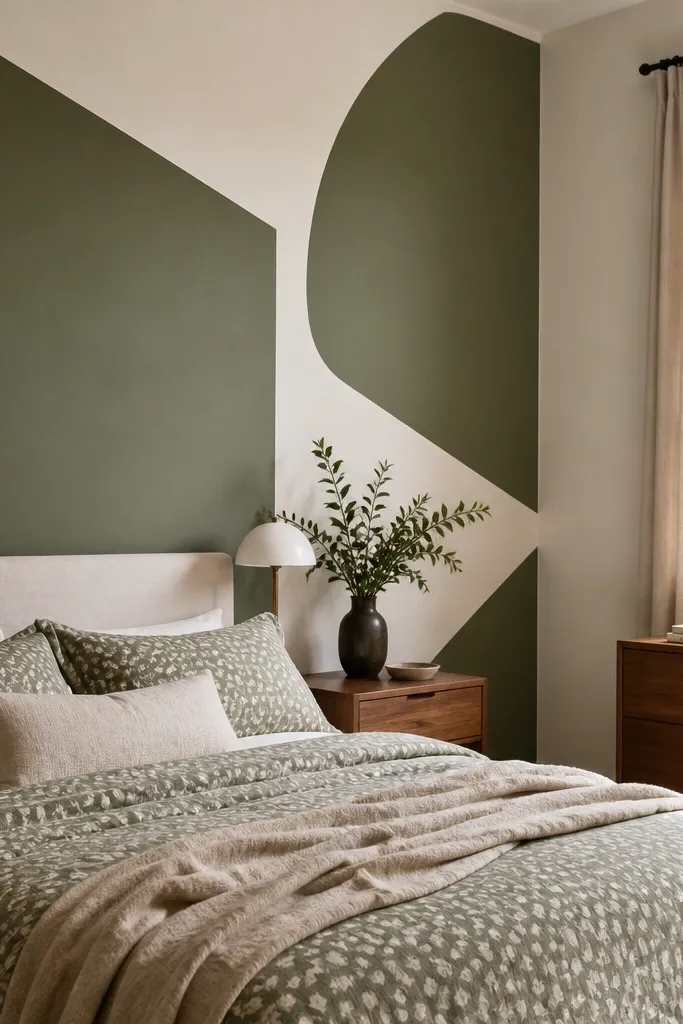 Geometric green shapes on off-white wall with calm bedroom decor