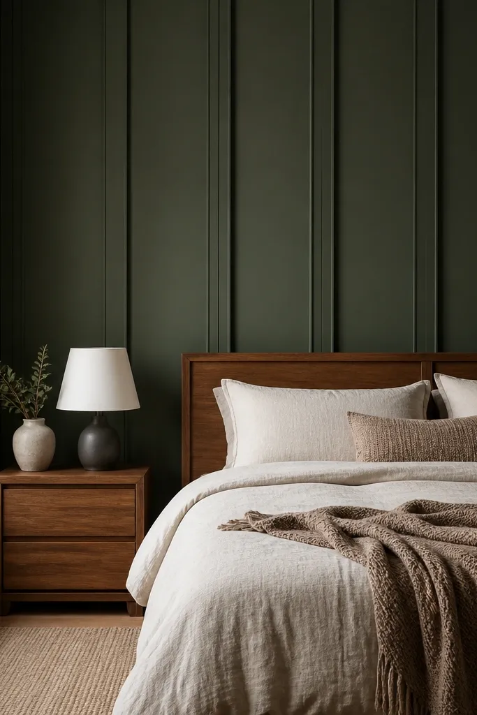 Dark green board and batten wall with off-white bedding and warm floor lamp