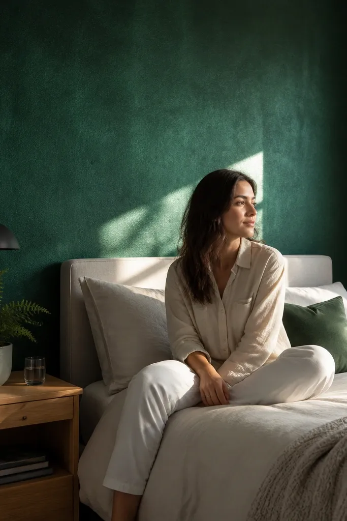 Emerald green textured wallpaper behind bed with cream bedding and minimal decor