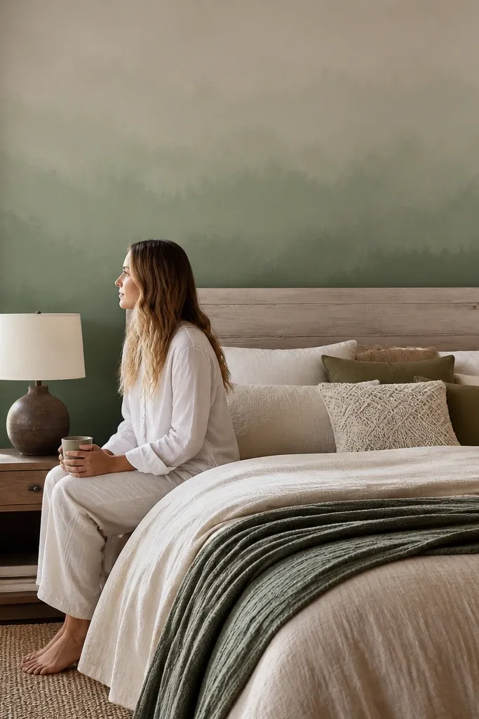 Green ombré effect on wall fading lighter near ceiling with cozy bedding