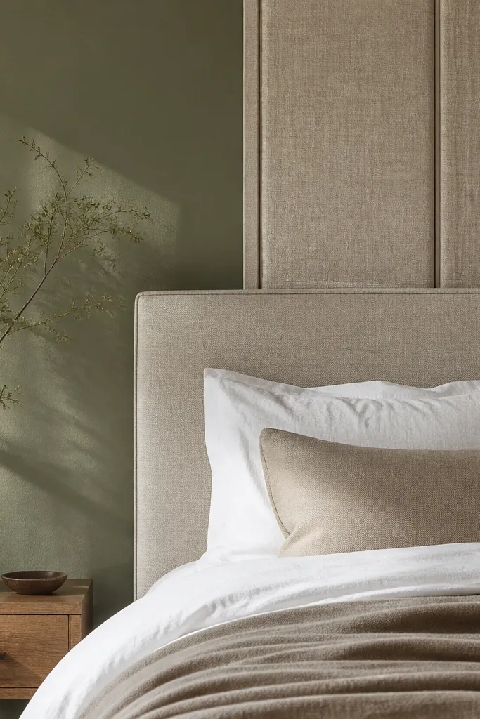 Muted green wall with linen wall panels and fabric headboard in a calm bedroom