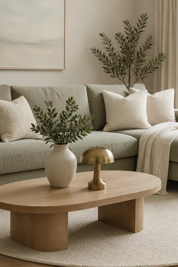 A living room with a light sage green L shape sofa. The cushions mix ivory boucle throw pillows and a plain ivory knit throw. A round cream rug sits under the front legs, with a white ceramic vase and a brass table lamp on a light oak coffee table.