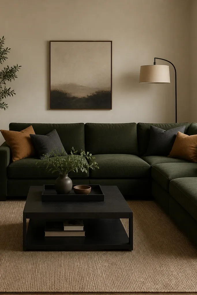 A dark forest green L shape sofa with charcoal and camel cushions. There's a black metal floor lamp with a linen shade, a rectangular black coffee table tray, and a dark wood media console. The walls are a warm off-white, and the rug is a muted beige with a subtle flat weave.