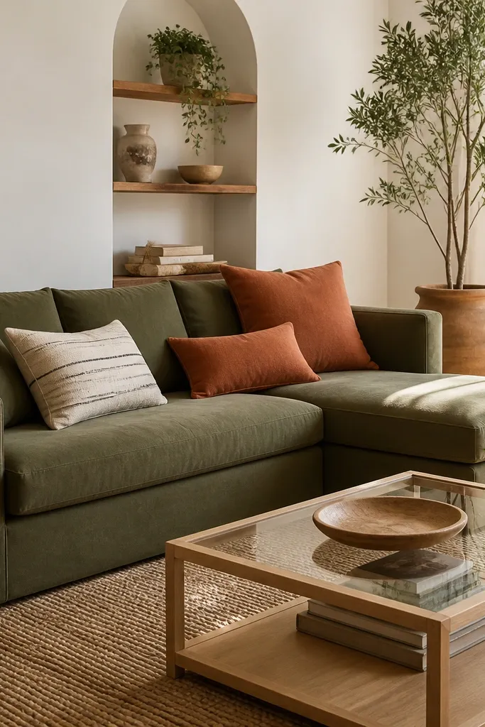 An olive green L shape sofa in a bright living room. The cushions include rust terracotta tones and a striped cream pillow. A woven wicker basket sits beside the sofa, and a terracotta ceramic planter holds a tall indoor plant. The coffee table is light wood with a simple glass top.