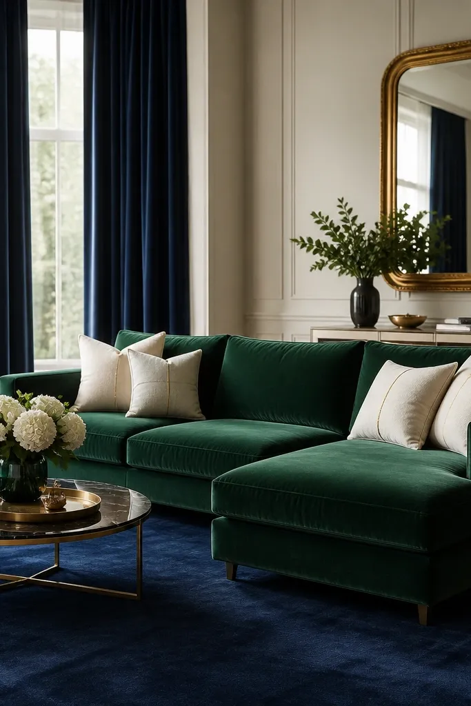 A jewel-toned emerald green L shape sofa. Navy velvet curtains hang floor to ceiling, pooling slightly. The pillows are cream with one small gold stitch detail. A deep blue rug anchors the seating, with a gold-framed mirror above a light console.