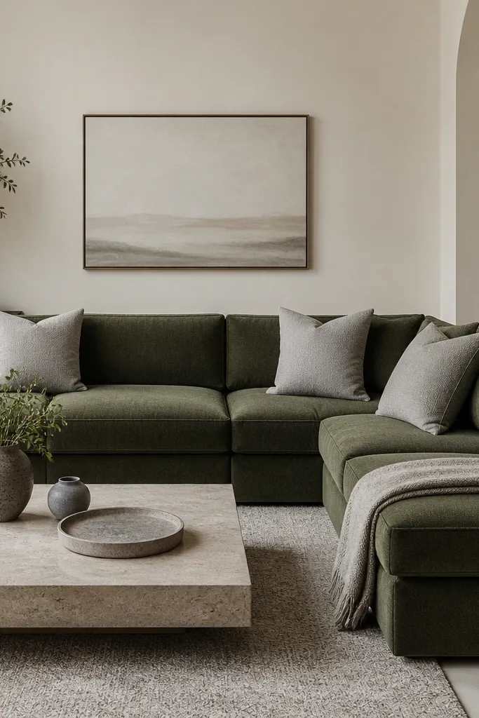 A moss green L shape sofa with light gray cushions. The coffee table holds gray stoneware vases and a concrete-texture tray. The rug is a warm light gray with subtle flecks. The walls are painted a pale warm white.