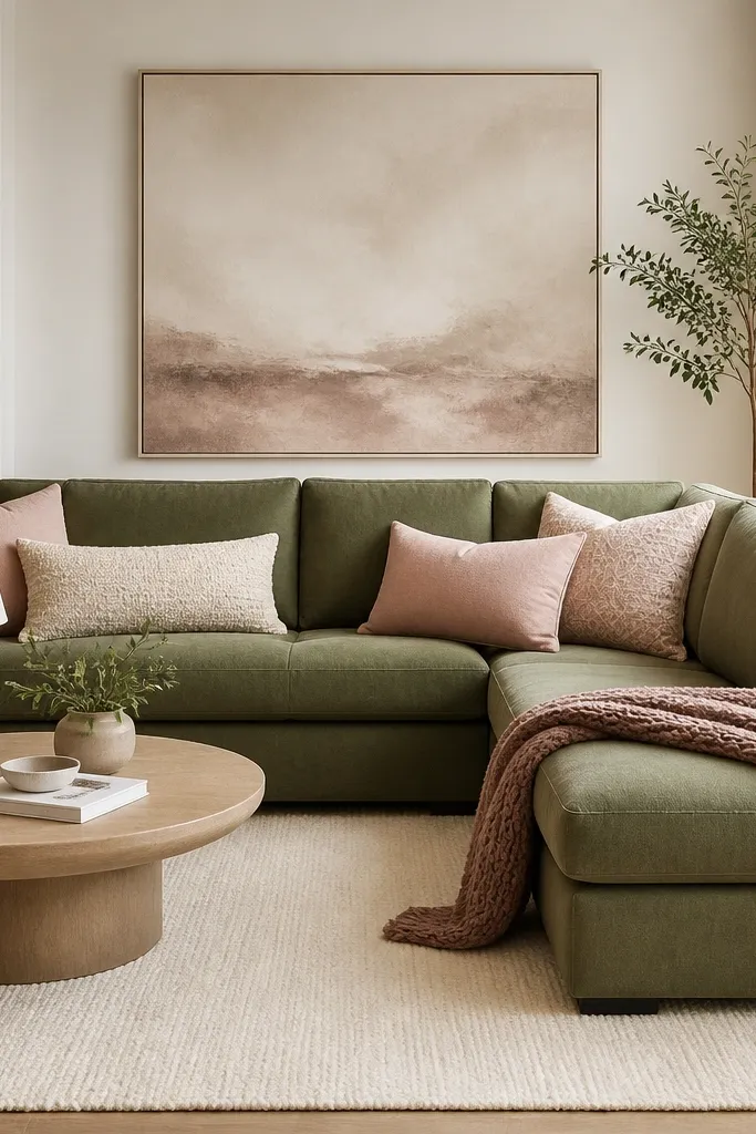 A green L shape sofa paired with blush pink throw pillows and a dusty rose knit throw. The rug is cream, and the coffee table has a pale pink ceramic lamp. There's a large neutral wall art piece with soft pink tones.