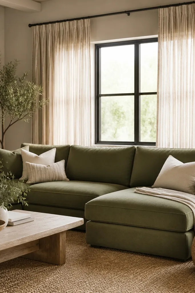 An olive-to-sage green L shape sofa with neutral pillows. The curtains are natural linen with thin vertical stripes in cream and a muted tan. A light wood coffee table sits on a jute-style rug. There's a woven pouf near the chaise.
