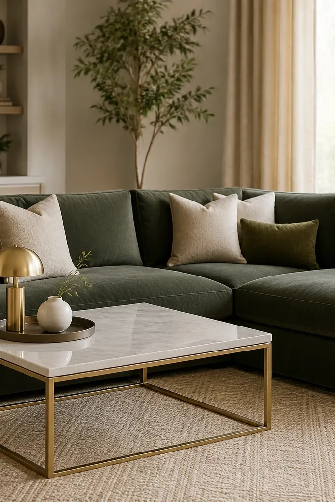 A green L shape sofa with cream and olive cushions. The coffee table has a white marble-look top and gold metal legs. A brass table lamp sits on a tray with a small white vase. The rug is beige with a subtle geometric weave.