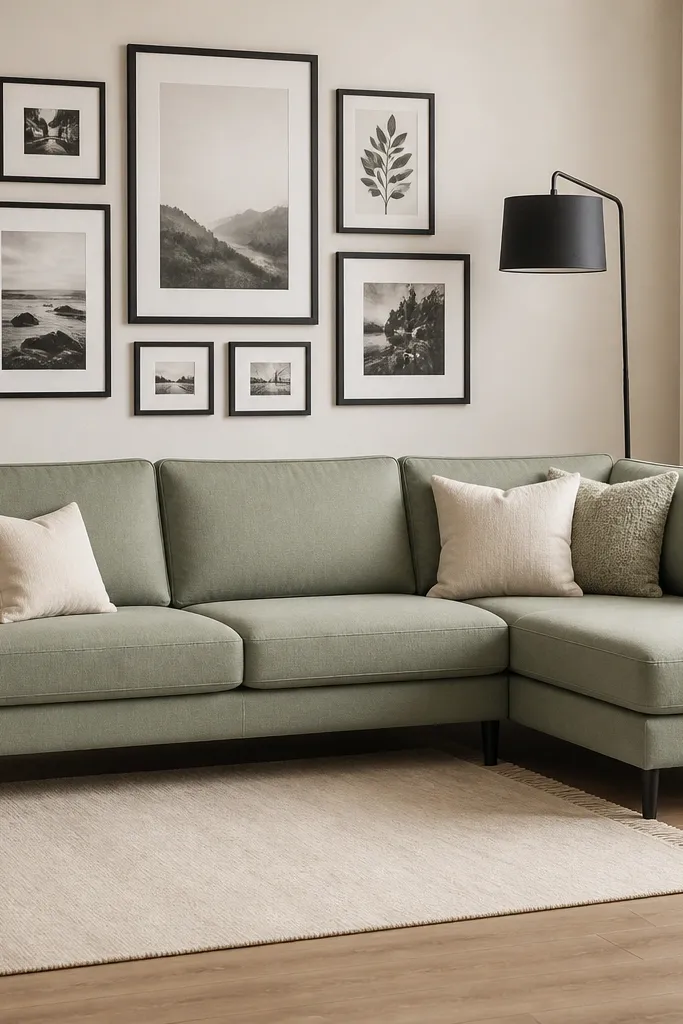 A sage green L shape sofa with black legs. Above the sofa is a gallery wall of black frames on a warm white wall. The cushions are cream and one sage tone. A black metal floor lamp with a drum shade stands near the corner. A cream rug with a small fringe edge sits under the front legs.